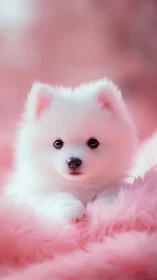 High-key portrait of white puppy on pink fur with shallow focus