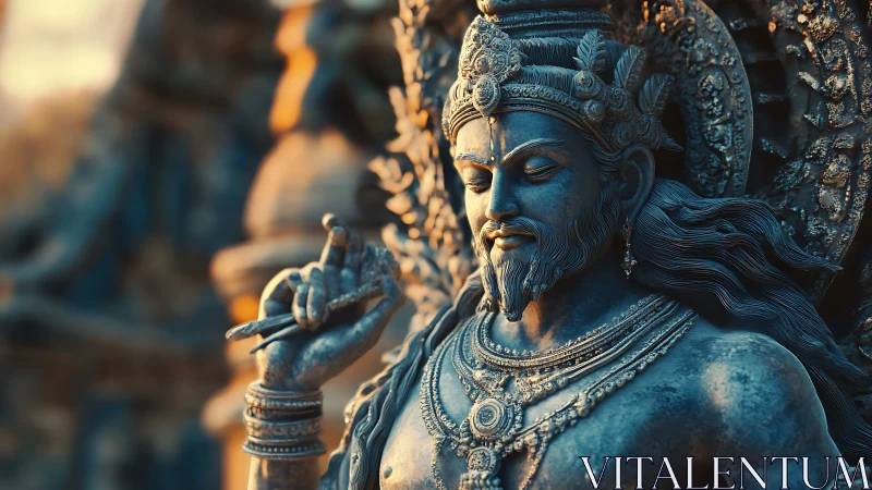 Detailed stone statue of crowned male deity in profile view.
