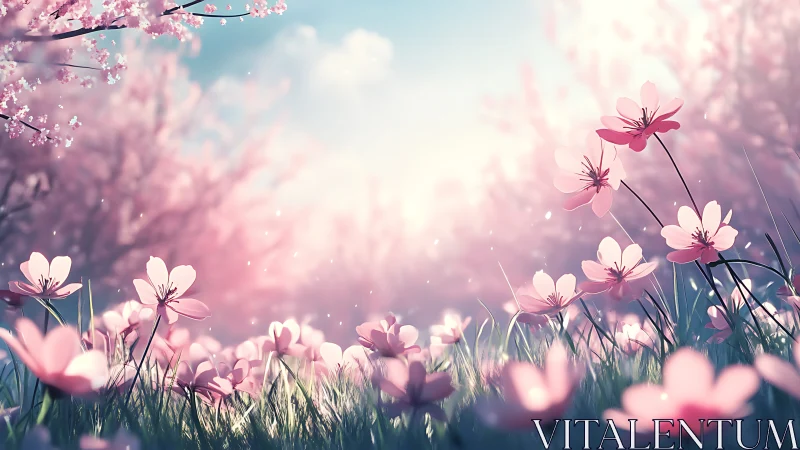 Photorealistic Atmospheric Flower Field: Diffuse Bloom Composition With Volumetric Light