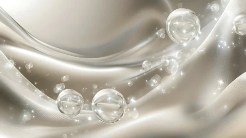 Shimmering silver waves with floating glass-like spheres.