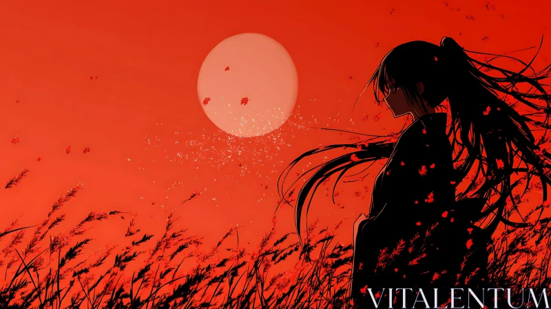 Silhouetted anime figure against crimson atmospheric sunset field.