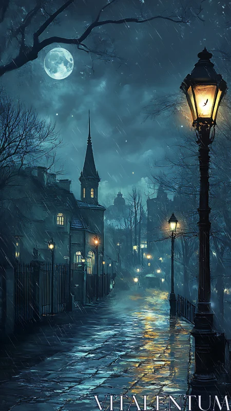 Rainy night street under moonlight with lampposts glowing.