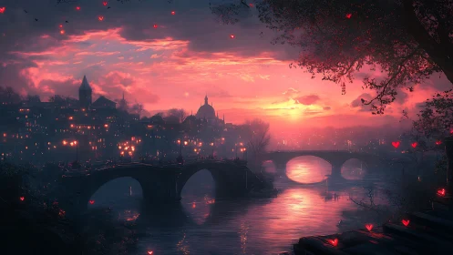 Romantic river city at sunset with glowing heart lights.