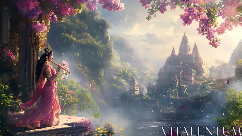 Divine flutist overlooks misty temple valley in blossom light.