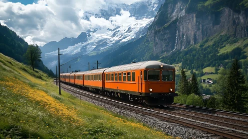 Orange electric passenger train traverses an alpine valley