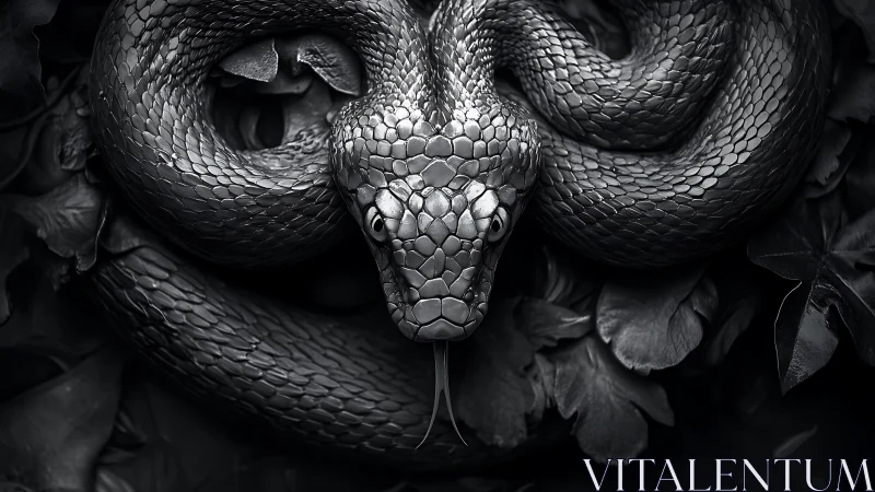 Monochrome coiled snake with extended tongue in foliage.