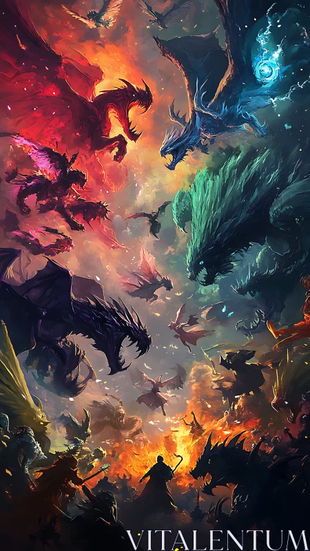 Multicolored dragons surrounding armed figures in battle sky.
