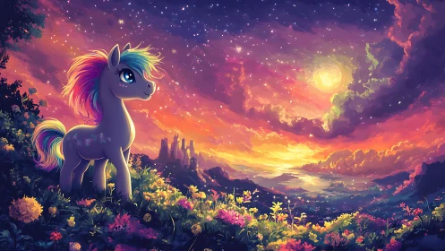 Rainbow-maned pony dreaming under a glowing twilight sky.
