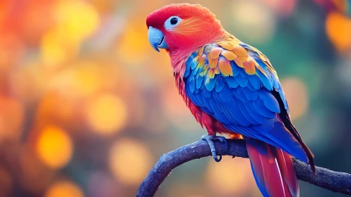 Vibrant Parrot on Branch with Colorful Bokeh Background, Artistic Style.