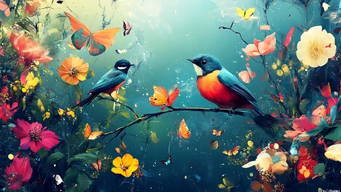 Vibrant songbirds on a floral branch in dreamy digital art style.