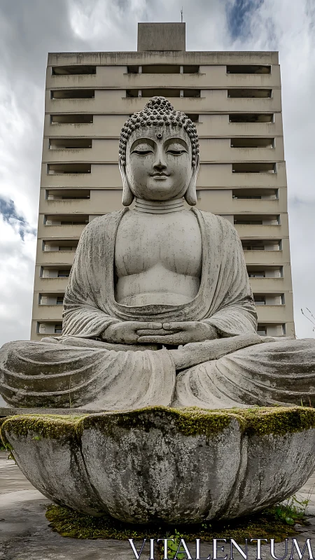 Buddha stone statue before modern high rise building.