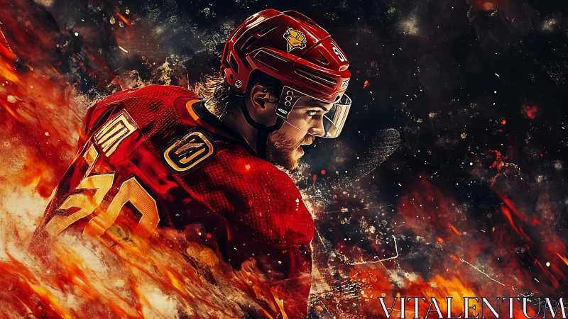 Fiery ice hockey hero skating through swirling embers.