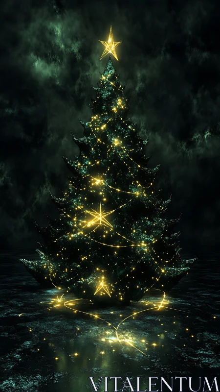 Luminous Christmas tree with golden star trails at night.