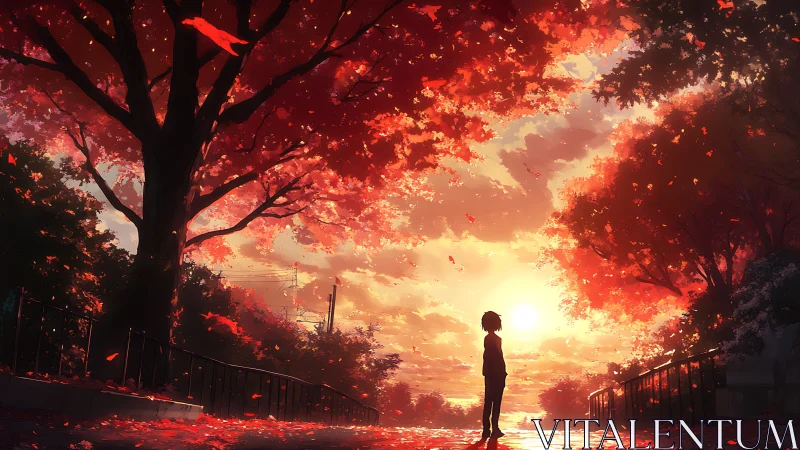 Silhouetted youth under blazing autumn canopy at sunset.