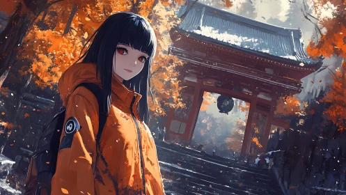 Girl in orange coat stands before temple gate in autumn