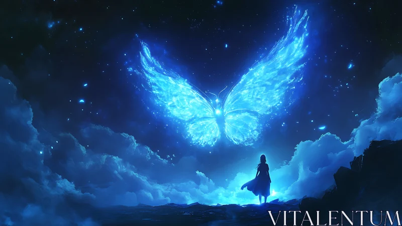 Silhouetted figure observing luminous butterfly in clouds.