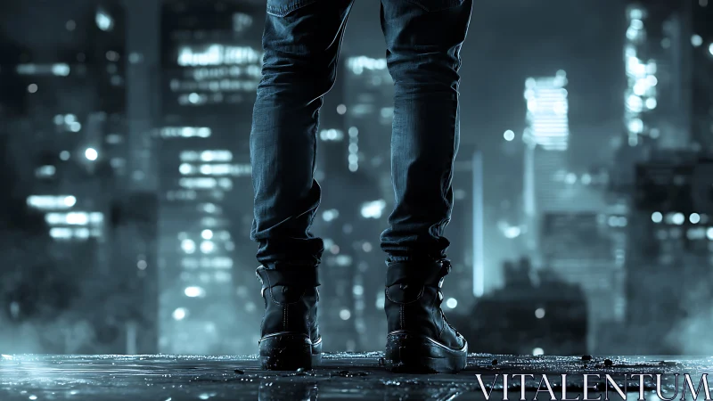 Lone figure stands over rain-soaked rooftop in neon city