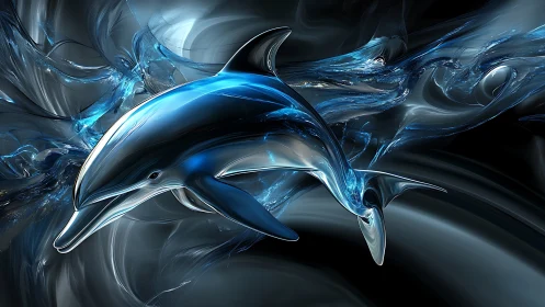 Chromed dolphins glide through abstract liquid cosmos.