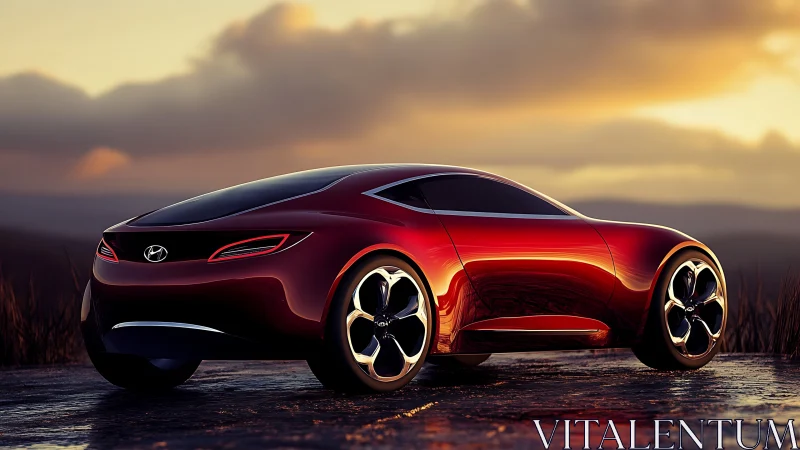 Sunset-kissed crimson concept coupe stalking open horizons.