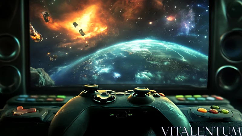 Galactic arcade gateway where a gamepad steers the cosmos.