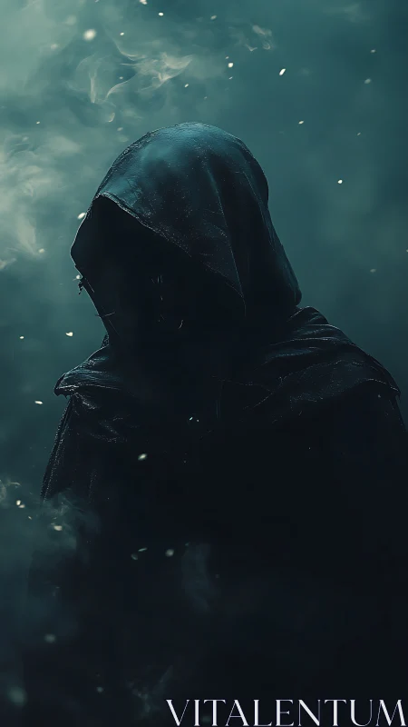 Hooded shadowed figure stands in cold drifting fog