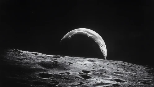 Lunar limb foreground with crescent Earthrise photometric contrast.