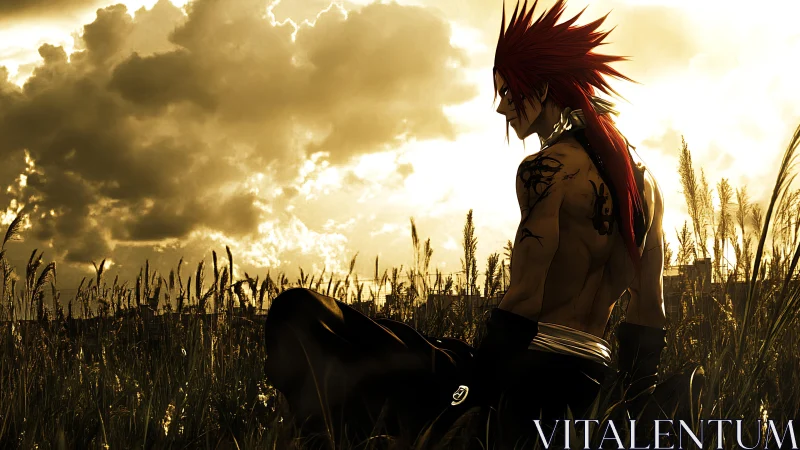 Tattooed warrior resting at dusk in golden wheat field.