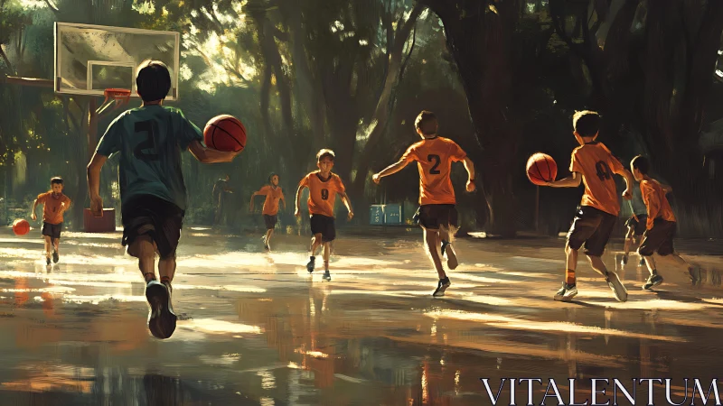 Sunlit youth basketball game rendered in dynamic digital brushwork