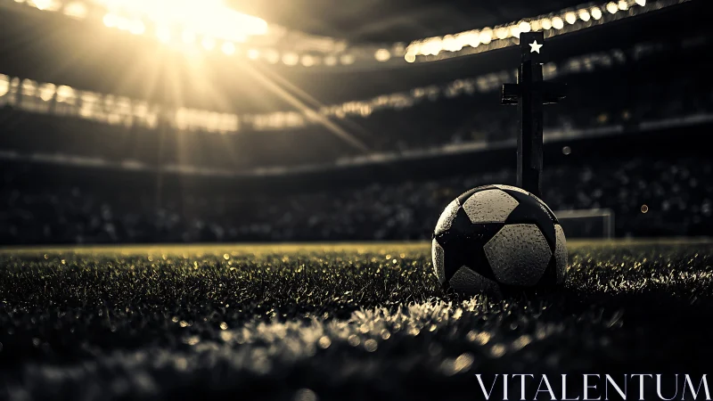 Soccer ball rests by memorial cross under stadium floodlights
