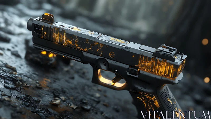 Futuristic tactical pistol with molten-core illuminations and wear