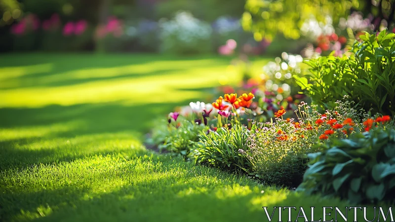 Sunlit perennial garden bed renders vivid chromatic depth