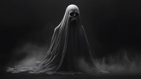 Veiled skull wraith rising from mist in dark void.