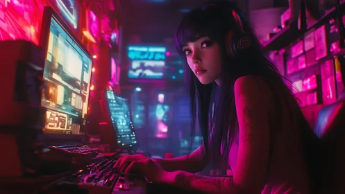 Cyberpunk gamer at neon-lit workstation studies tactical display