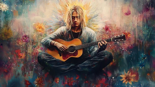 Digital painting of meditative guitarist in floral color halo.