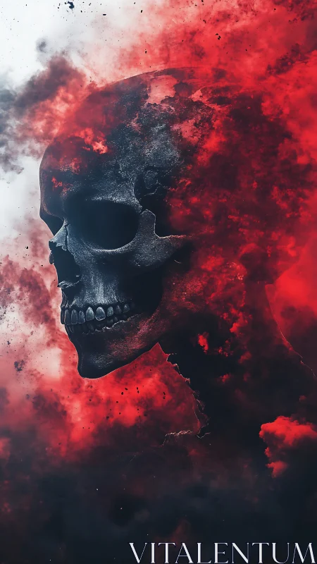 Burning skull silhouette dissolves into red drifting smoke