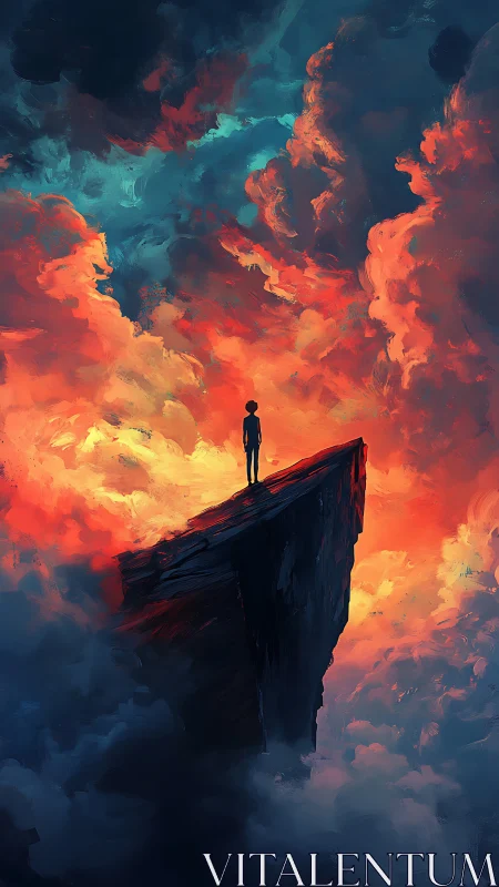 Silhouette stands on narrow cliff ledge amid dense swirling clouds