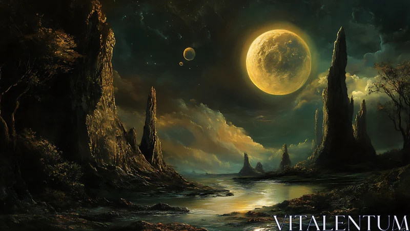 Luminous twin-moon alien coastline with spired basalt formations