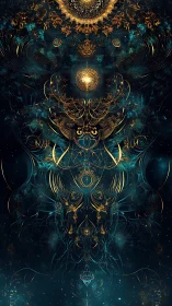 Celestial arabesque altar of teal nebulae and molten gold.