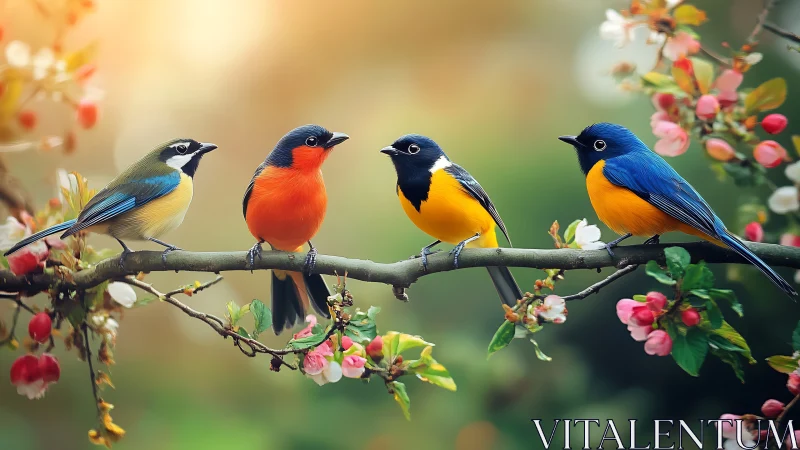 Colorful Songbirds on a Blossoming Branch in Vibrant Spring Style.