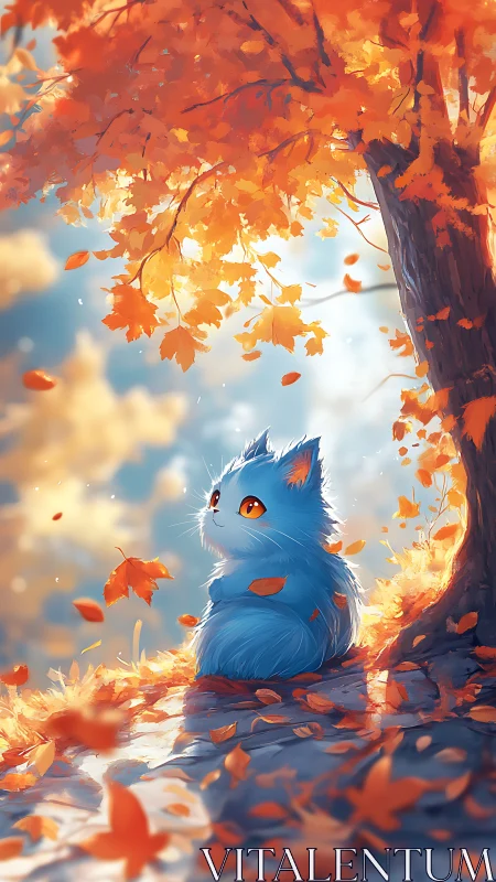 Blue kitten daydreaming beneath glowing autumn canopy.
