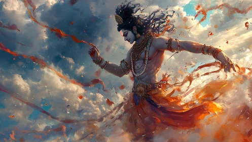 Mythic male figure dancing in turbulent glowing clouds.