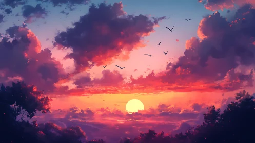 Digital sunset landscape shows stylized sky and foliage