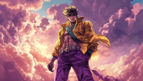 Storm-lit hero strides through painted thundercloud dreams