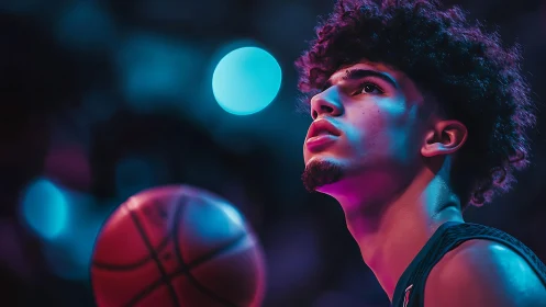 Neon-lit basketball portrait with focused young athlete gaze.
