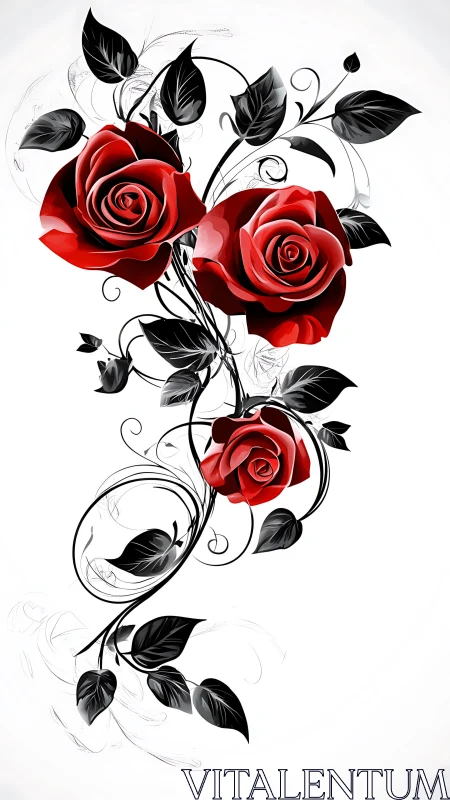 Velvety red roses twining through bold inky black leaves.