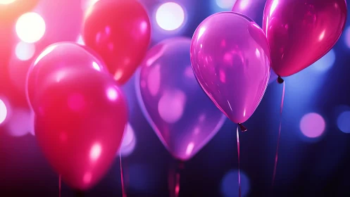 Neon Balloons Floating Against Blurred Bokeh Background.