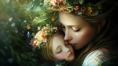 Mother and child rest in sunlit forest with floral crowns