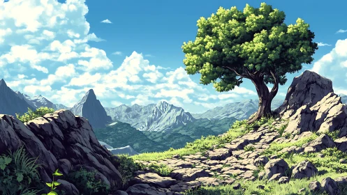 Lone deciduous tree on rocky ridgeline above distant alpine range