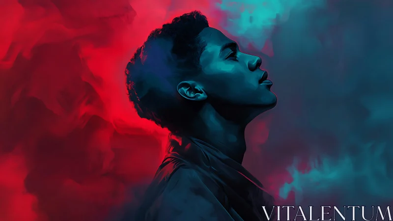 Digital portrait profile in red and teal vapor clouds.