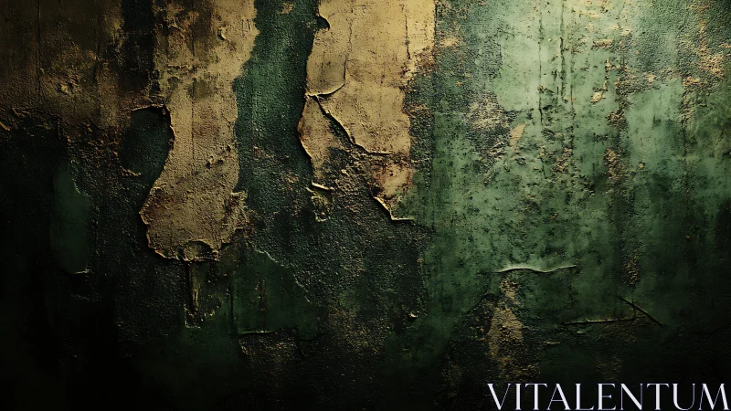 Weathered green and gold textured wall with peeling paint, moody style.
